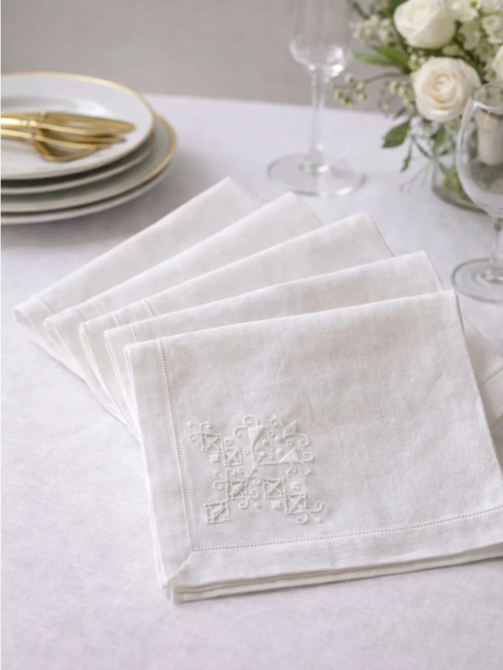 Vintage White Linen Napkins Hand Embroidered Cutwork Lace Heirloom Wedding 6 Ct